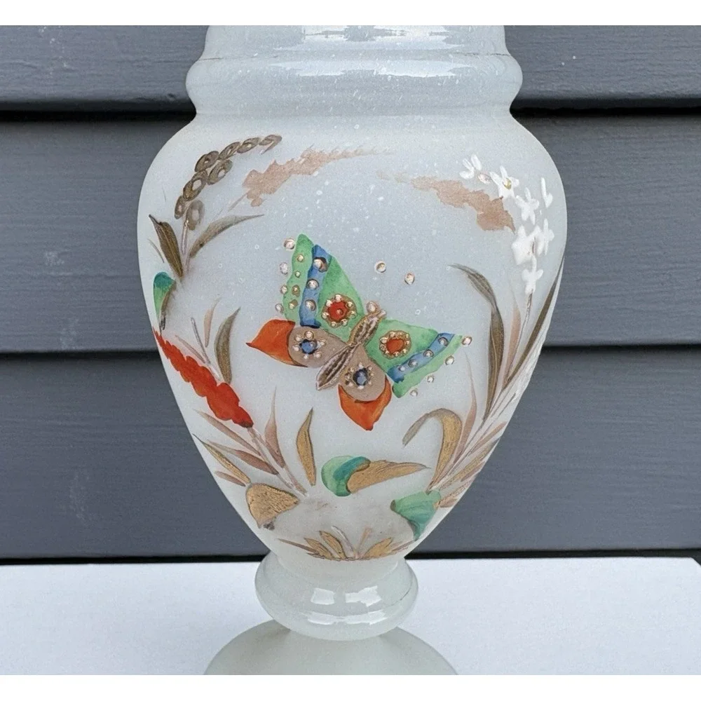 Antique Bristol opaline blown glass matched vases hand painted butterflies EVC